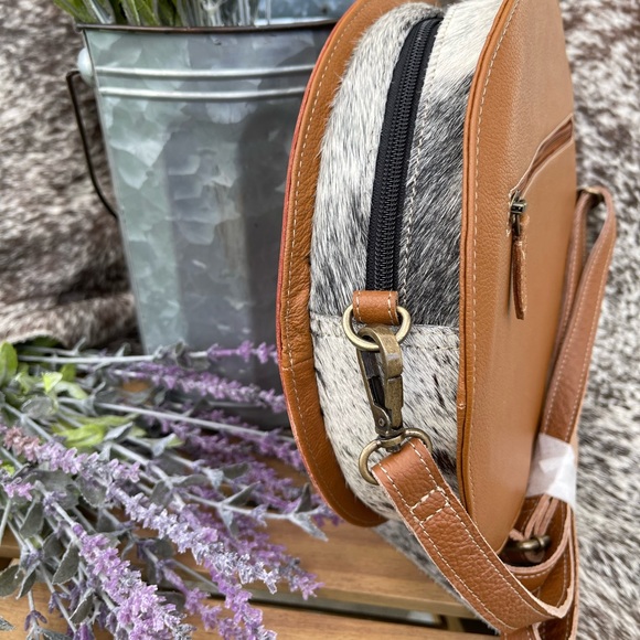 Genuine Leather and Cowhide Canteen Style Crossbody Purse - Picture 2 of 4